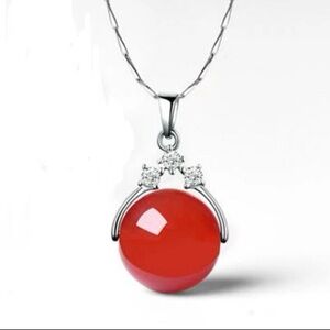 NATURAL Red Jadeite Jade Diamond Pendant Stamped 925 Sterling Silver Necklace